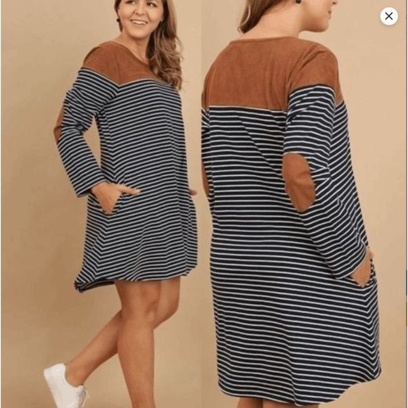 Umgee Blue White Striped Tunic Dress Long Sleeves Pockets Brown Elbow Size Small - Picture 1 of 9